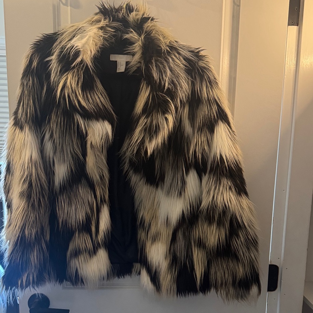 H&M Black Jacket with Cream Faux Fur Trim